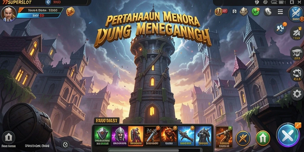 Tampilan menara yang megah dan musuh yang menyerang dalam 77SUPERSLOT.