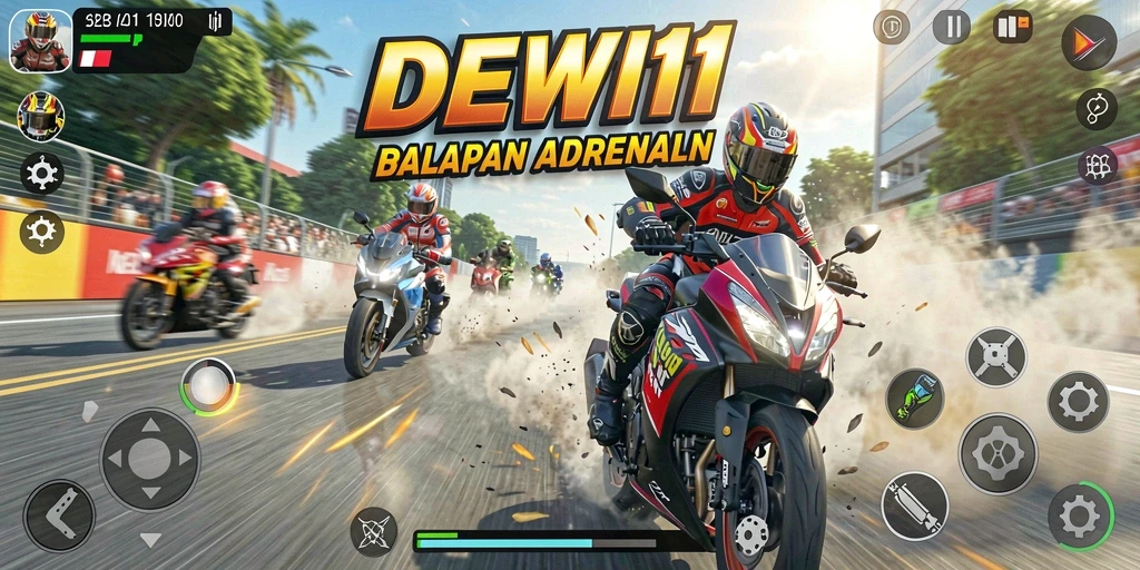 Tampilan gameplay seru di DEWI11 dengan balapan motor yang mendebarkan.