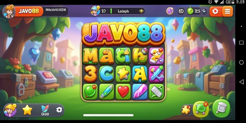 Tangkapan layar JAVO88 menunjukkan keseruan mencocokkan permata berwarna.