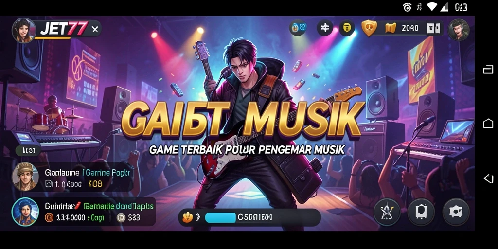 Tampilan gameplay JET77 dengan berbagai genre musik yang enerjik.